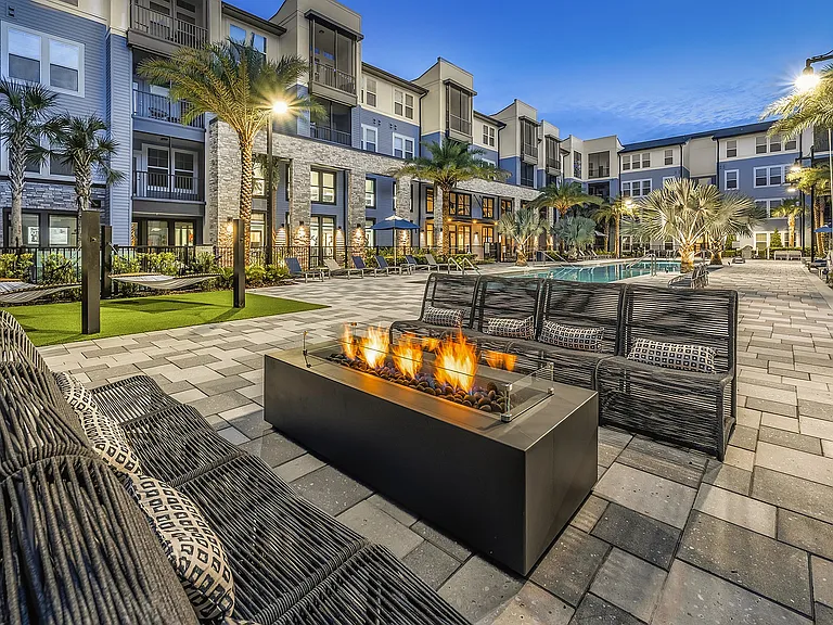 Outdoor courtyard with fire pit area