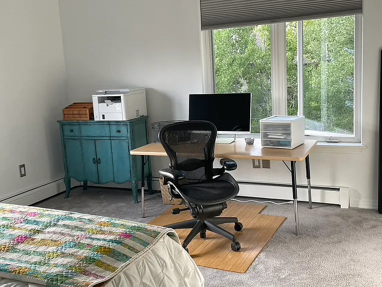 Office in primary bedroom. Herman Miller chair, Canon printer, scanner, HP monitor.