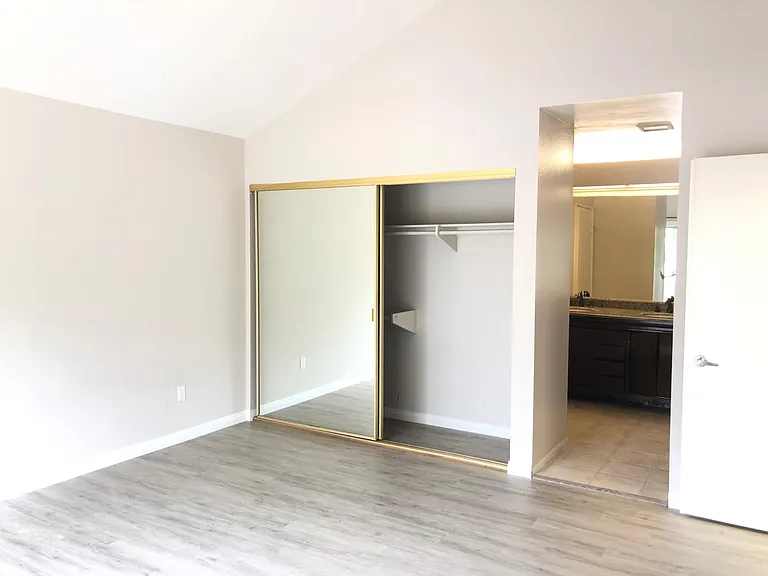 Master bedroom has two huge closet. One of them in the picture. Vaulted ceiling. Two sink Vanity.