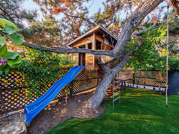 Custom-built treehouse with slide and swing nestled under a mature pine