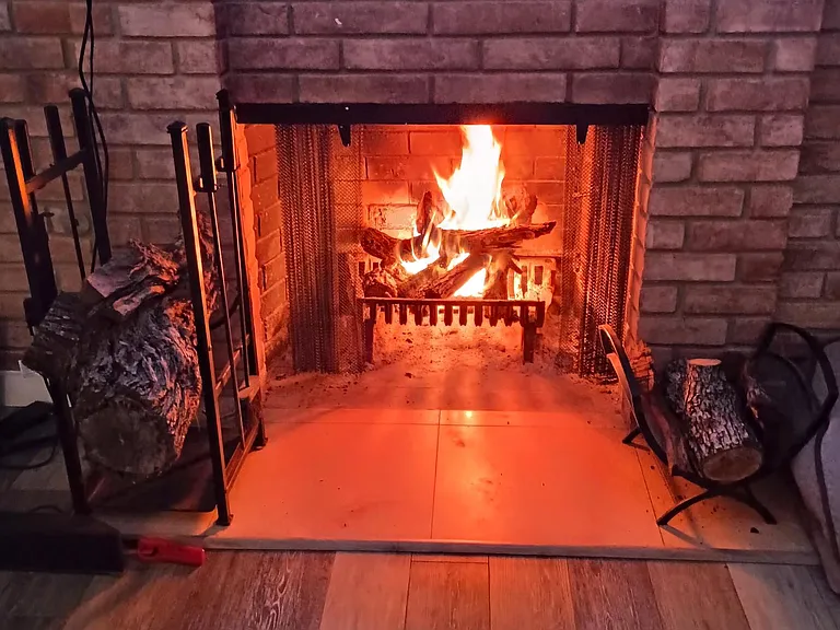 Wood burning fireplace with many accessories. A wood stacking stand outside.
