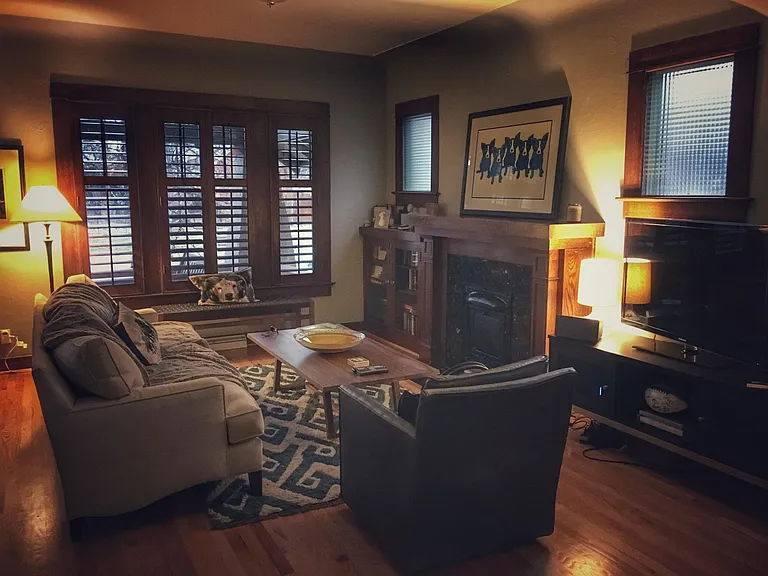 Cozy living room with plantation shutters