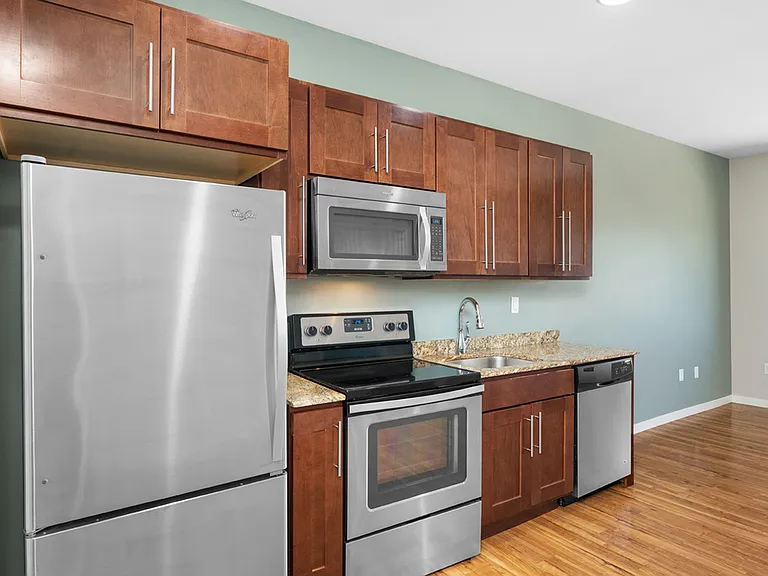 Modern kitchen with stainless steel appliances, elegant wooden cabinetry, and granite countertops against a light green accent wall. Modern kitchen with stainless steel appliances, elegant wooden cabinetry, and granite countertops against a light green ac