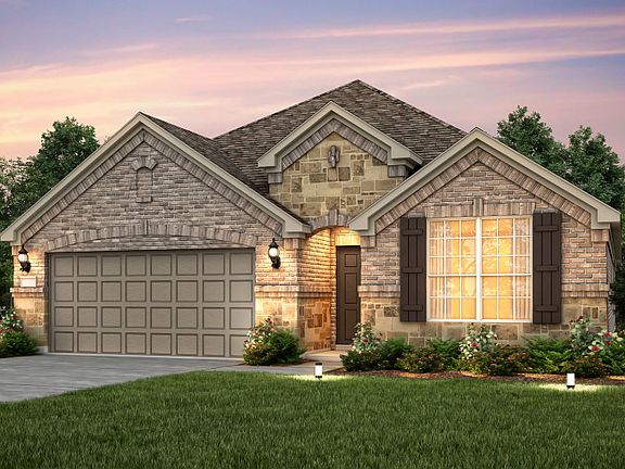 Exterior C with stone accents, wood shutters, and 2-car garage
