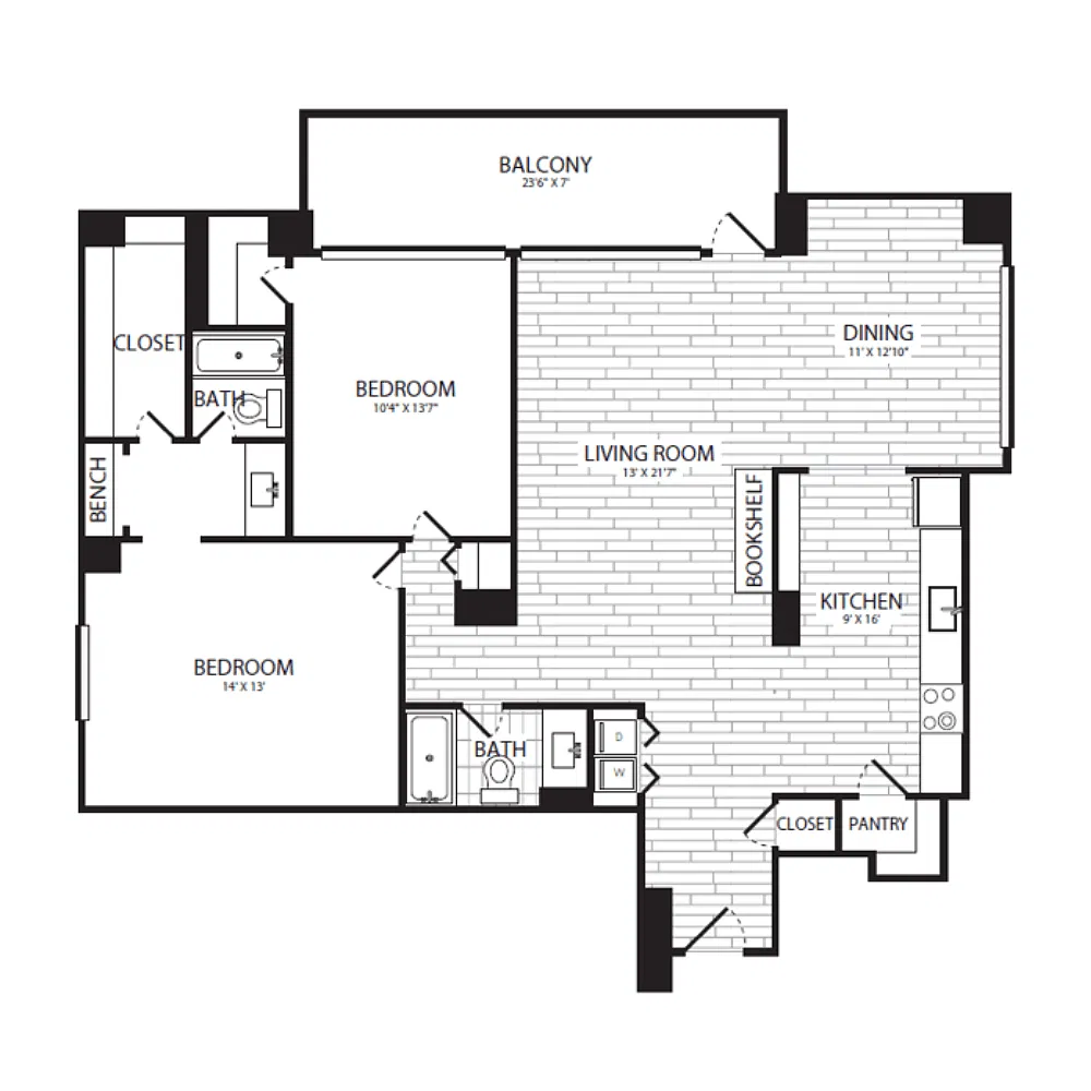 Floor plan 2 Bedroom, 2 Bath 1266 SF B17G