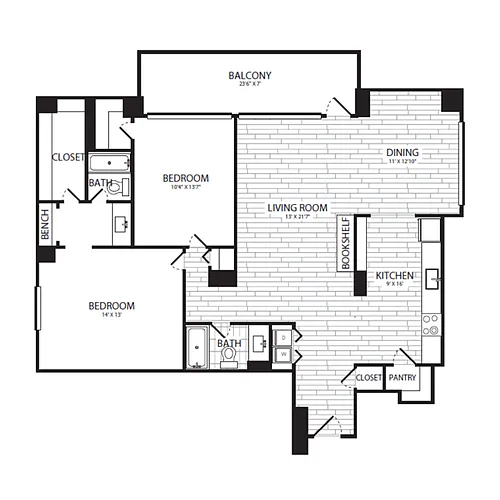 Floor plan 2 Bedroom, 2 Bath 1266 SF B17G
