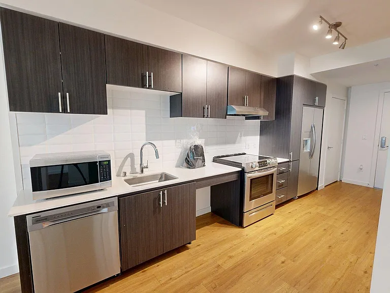 Apartment Kitchen with Stainless Steel Appliances and Wood-Style Flooring.
