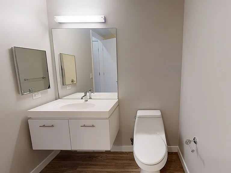Apartment bathroom with wood-style flooring.