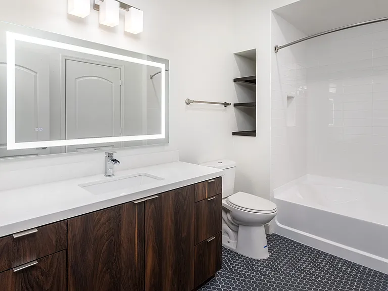 LED lighted mirror at Reveal Playa Vista in Playa Vista, CA.