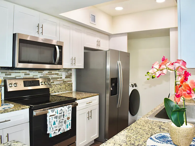 Kitchen with Stainless Steel Appliances & Designer Glass Backsplash Tile