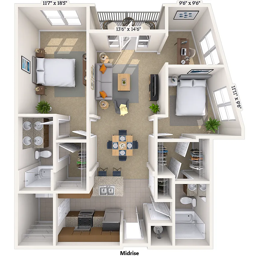 Floor plan Traditional 2x2 1368-1486 SF