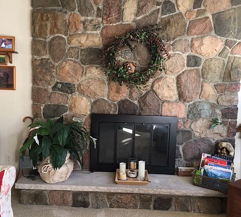 Natural fieldstone fireplace