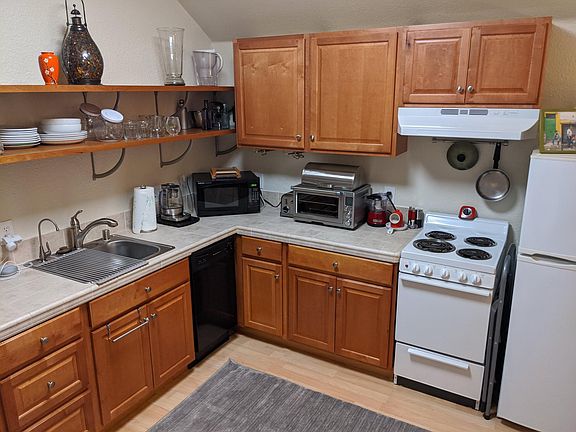Kitchen portion of open living/kitchen area; smaller-sized range and fridge.
