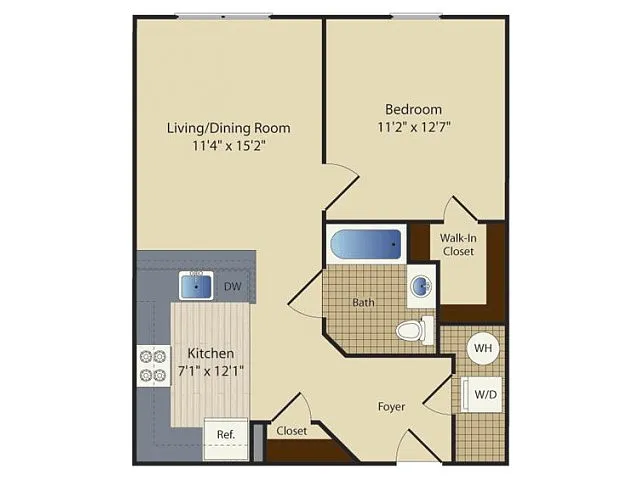 Floor plan One Bedroom One Bath (634 SF)