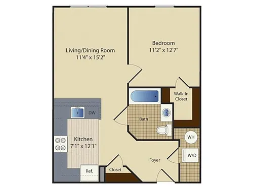 Floor plan One Bedroom One Bath (634 SF)