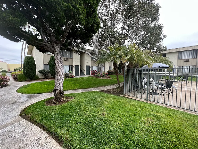 Beautiful landscaping and walkways at IKARIA Apartments in Santee, California.