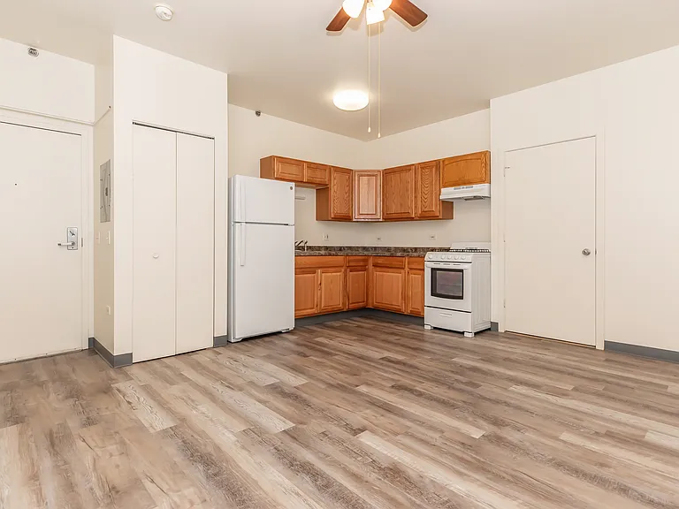 Studio unit with 1 bathroom, kitchen and living room area.