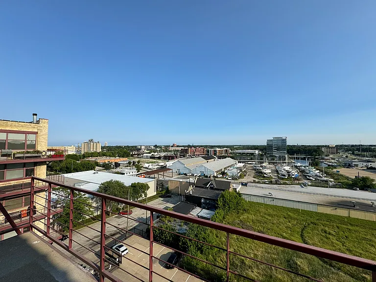 View to the left on balcony, Lake Michigan to left, KK river and marina ahead