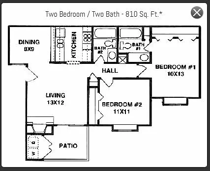 Floor plan Two Bedroom/Two Bath 810 sqft