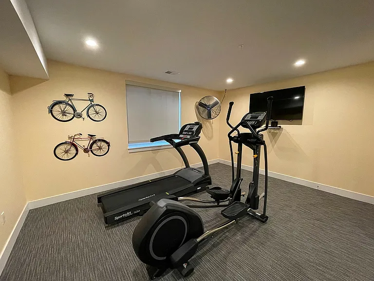 Charming home gym with modern treadmill, elliptical machine, and wall-mounted cycles, featuring cozy ambiance and stylish decor.