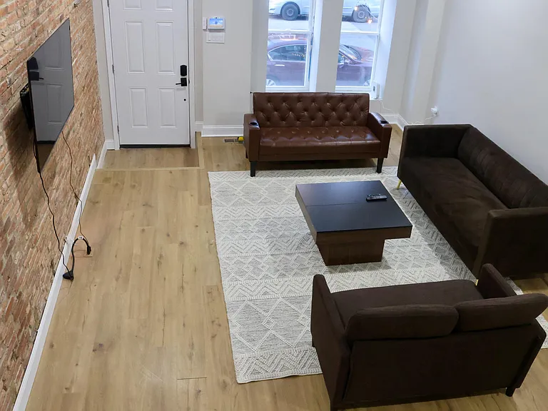 Aerial view of living room; cozy common space