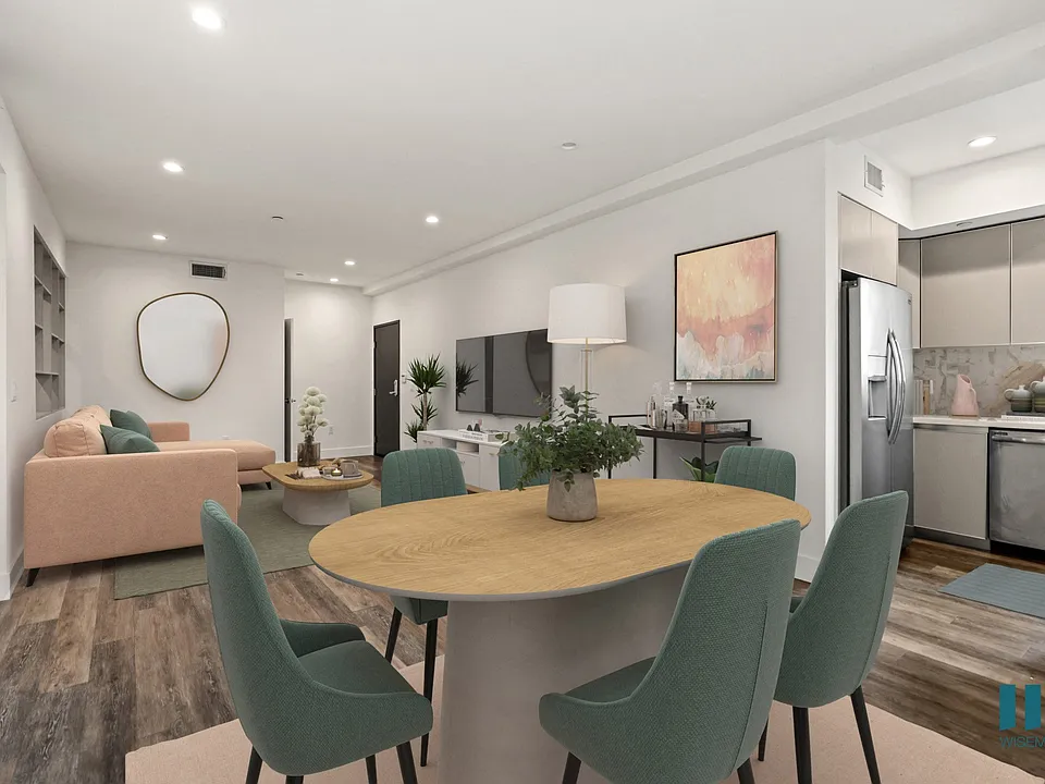 Kitchen, Dining, and Living Room with Vinyl Flooring and Recessed Lighting