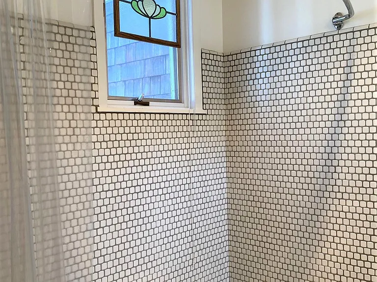 Master Bath Stained Glass Frame on Ventilation Window