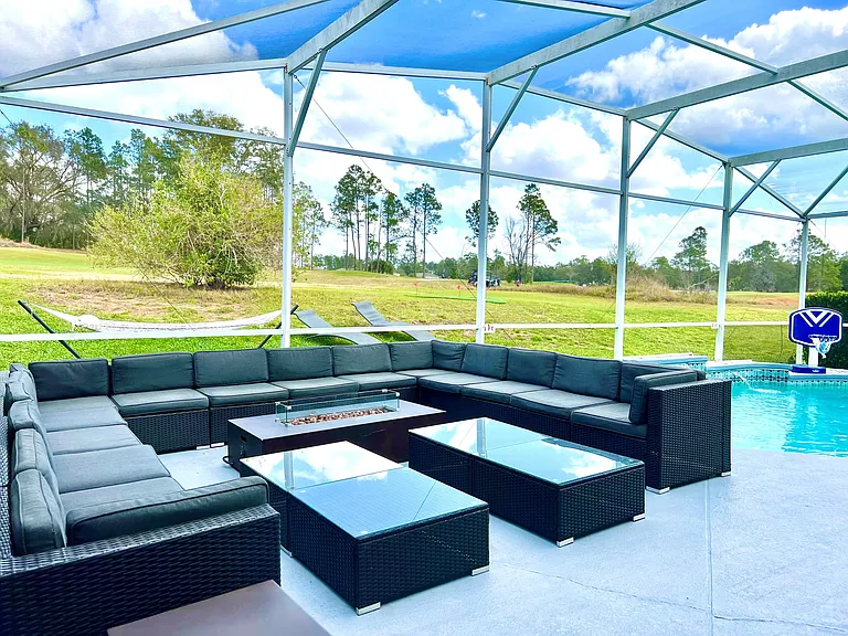 Outdoor Dining - Host exclusive private chef dinners for up to 24 guests outside and 20 inside, complemented by Philip Starck designed chairs. Enjoy scenic views of the private pool, golf course, and unwind by the Fire Pit with a cocktail.
