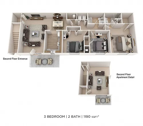 Floor plan Three Bedroom 2 Bath- 1,190 sqft