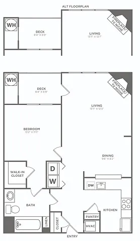 Floor plan One Bedroom One Bath (755 SF)
