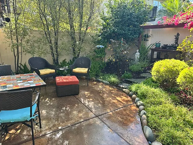 Lovely little patio garden. Landlord pays gardener to come twice annually to prune and weed.