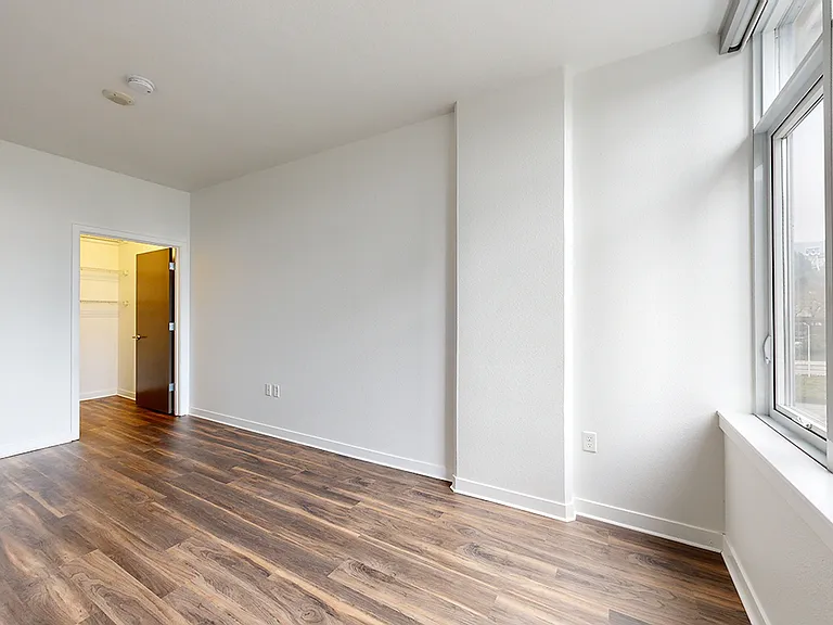 Spacious apartment bedroom with large closet and wood-style flooring.