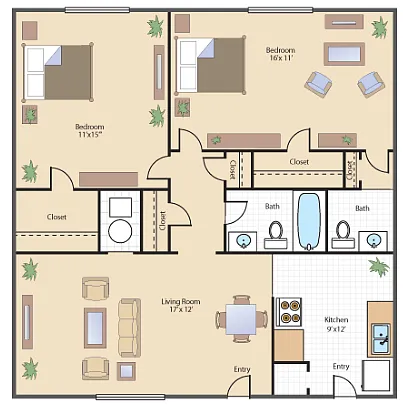 Floor plan 2 Bed - 1 and a half Bath A