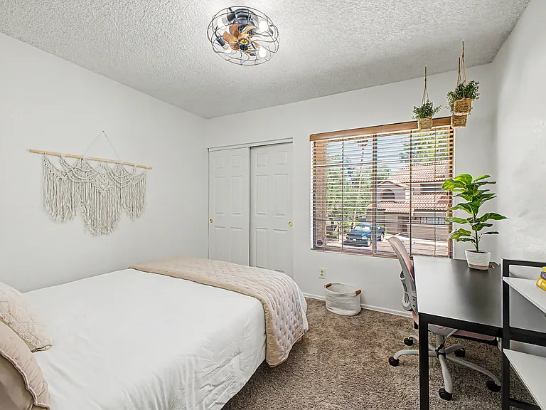 Third Bedroom (Upstairs): Queen Bed, Desk & Chair, Park Views, Shares upstairs Bathroom, Sleeps 2