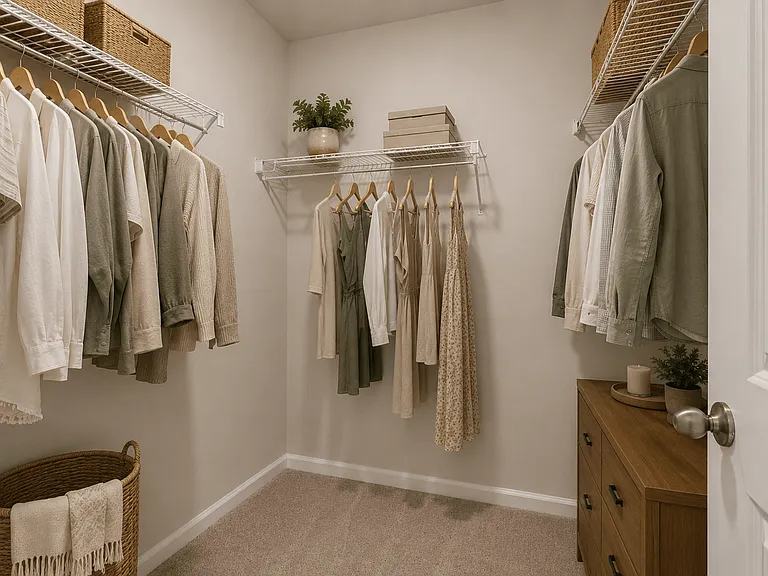 Primary suite with a full walk in closet featuring custom racks.