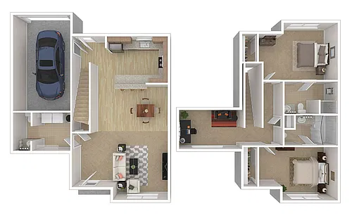 Floor plan 2 BR x 2.5 BA Townhome with W/D & Garage - B