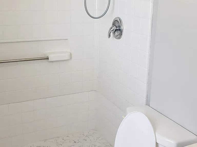 View#1-Master Bathroom, newly tiled, new fixtures, freshly painted, lots of light.