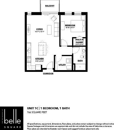 Modern floor plan for Unit 1C featuring 1 bedroom, 1 bath, a spacious kitchen, living area, utility room, and a cozy balcony, 766 square feet at Belle Square. Modern floor plan for Unit 1C featuring 1 bedroom, 1 bath, a spacious kitchen, living area, util