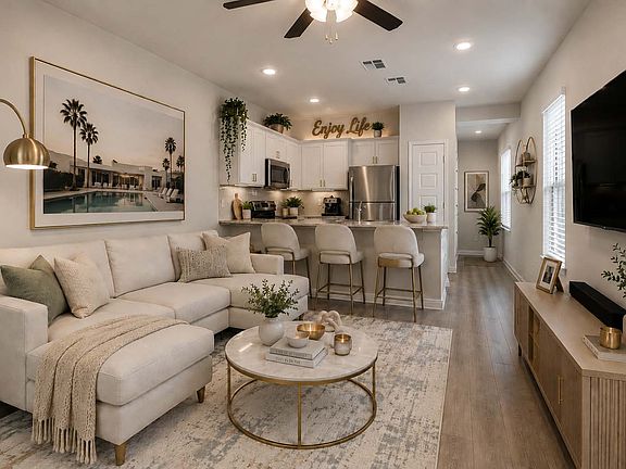 Open kitchen and living with a breakfast-bar island