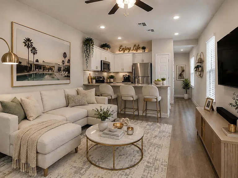 Open kitchen and living with a breakfast-bar island