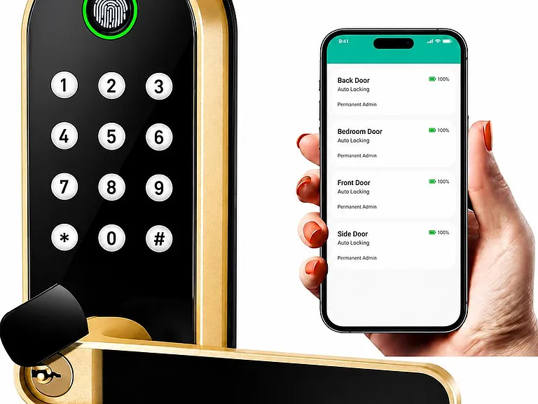 Smart keypad door lock with app-based access control for multiple entry points and auto-locking convenience.