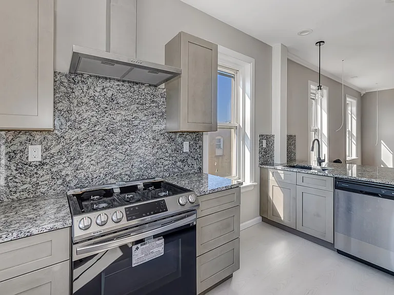 Stainless steel appliances: dishwasher, gas stove, hood.