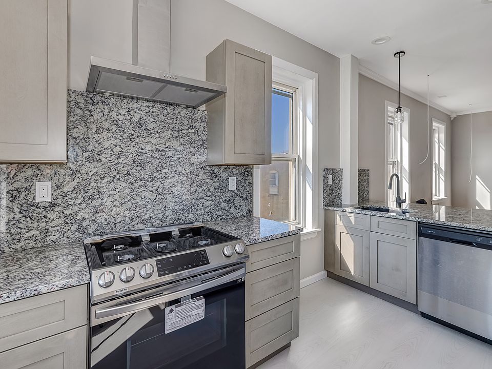 Stainless steel appliances: dishwasher, gas stove, hood.