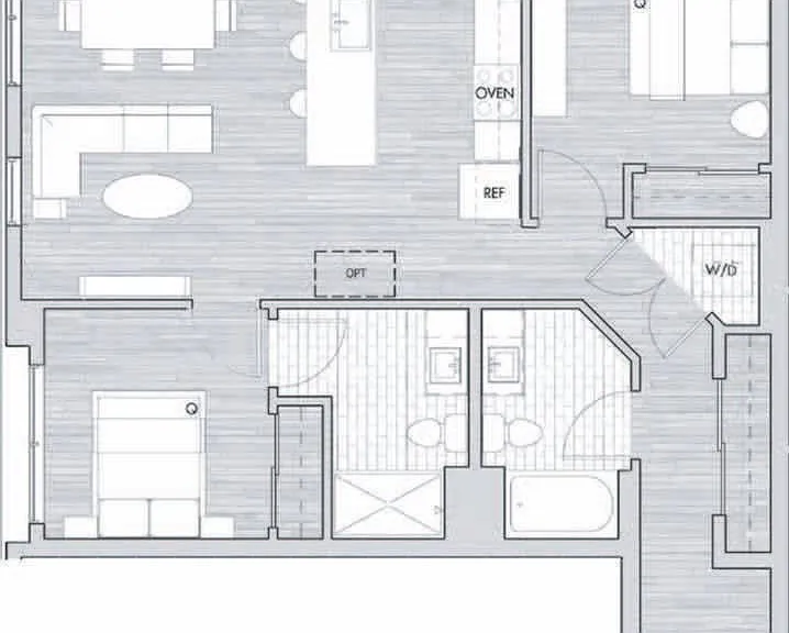Explore this modern 2-bedroom apartment floor plan with spacious living areas. Explore this modern 2-bedroom apartment floor plan with spacious living areas.