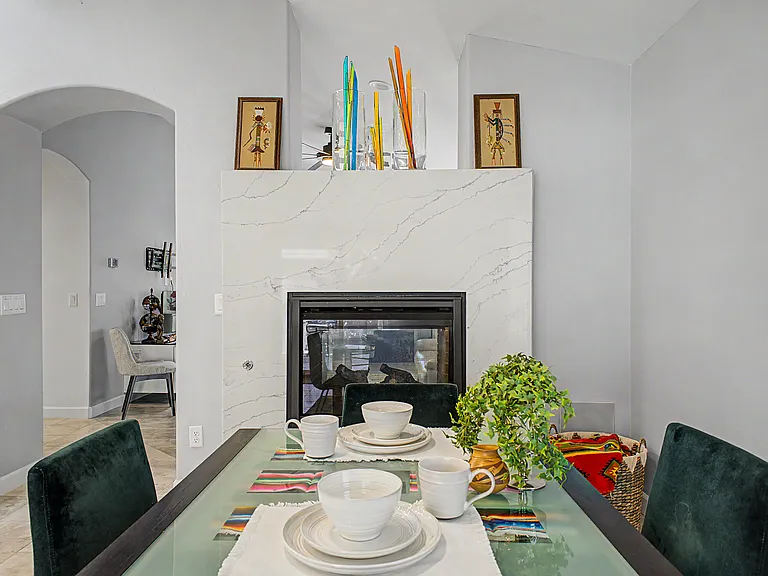 Dining with fireplace
