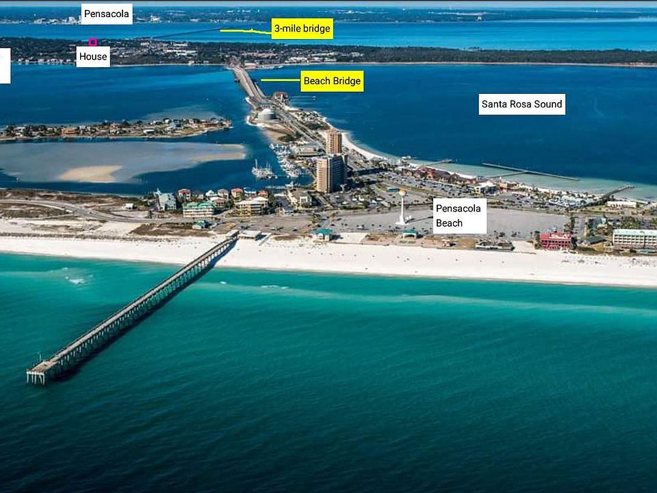 We are located on the peninsula between Pensacola & Pensacola Beach just a few blocks off of Highway 98. We are one lot from the water of Pensacola Bay but do not have water access from this street. You can see the bridge from the dead end street.