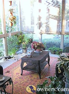 Screened porch displaying plantings and bamboo privacy screens.