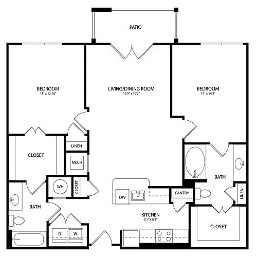 Floor plan 2 Bedroom, 2 Bath 1170 SF KC1.3