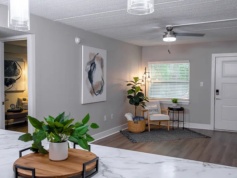 Welcome to your cozy and stylish living room at Elon Winter Park Apartments, offering a cozy atmosphere with modern finishes, stylish lighting, and plenty of natural light. A perfect space for relaxation and everyday comfort.