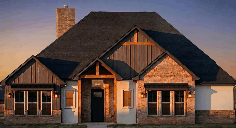 A modern single-family house with a steep, dark roof, brick and wood exterior, large windows, and a